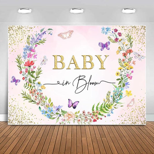 Sensfun Wild Flower Baby in Bloom Baby Shower Backdrop Banner Party Decorations,Pink Floral Butterfly Backdrops for Girls Wildflowe Baby Shower Newborn Photography Background Photo Booth Props 7x5ft