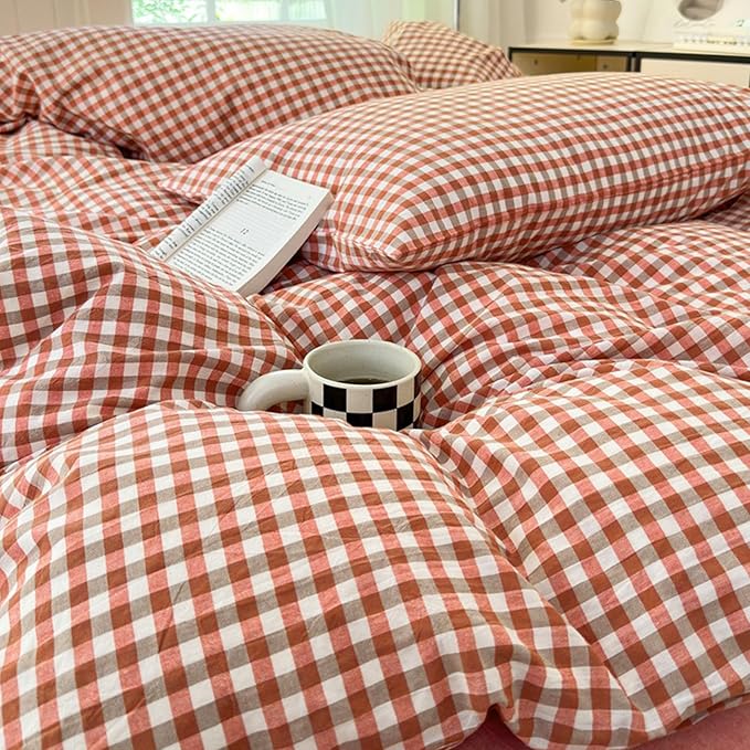 LifeTB Gingham Comforter Set King Modern Style Plaid Checkered Pattern Comforter Soft Fluffy Gingham Bedding Set Lightweight Red Orange Grid Bedding Comforter Farmhouse Checkered Comforter Set