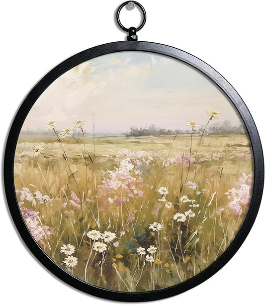XIAOAIKA Vintage Wall Art with Metal Frame, Round Wood Print Featuring Wildflower Meadow Landscape, Boho Wall Decor for Living Room, Bedroom, Kitchen, Hallway, 10 Inch