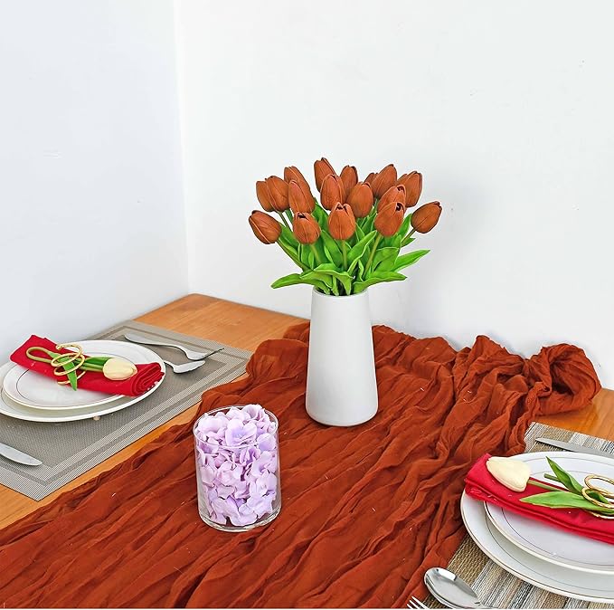 Mandy's Artificial Tulips 20 Stems Burnt Orange PU Faux Flowers for Thanksgiving and Christmas Decorations Wedding Home Decor 13.5 Inch