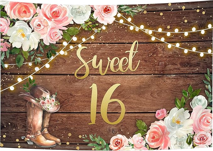 SVBright Sweet 16 Happy Birthday Backdrop 8Wx6H Cowgirl Western Rustic Country Wooden Plank Watercolor Pink Flower Floral Boots Farmhouse Decorations Photography Background Banner Photo Booth Studio