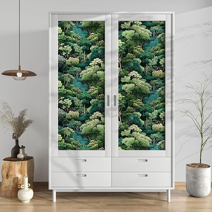 Green Wallpaper Peel and Stick, Forest Trees Contact Paper 17.5" x 393.7", Woodland Mountain Vintage Botanical Wall Paper Self Adhesive Waterproof Removable for Room Shelves Cabinet Drawer Table Decor
