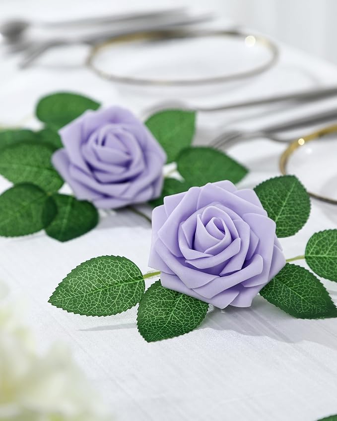 DuHouse 50Pcs Artificial Roses Flowers Fake Roses with Stems Real Touch Foam Flowers for DIY Wedding Bouquet Baby Shower Centerpiece Floral Arrangement Party Home Decor(Lilac)