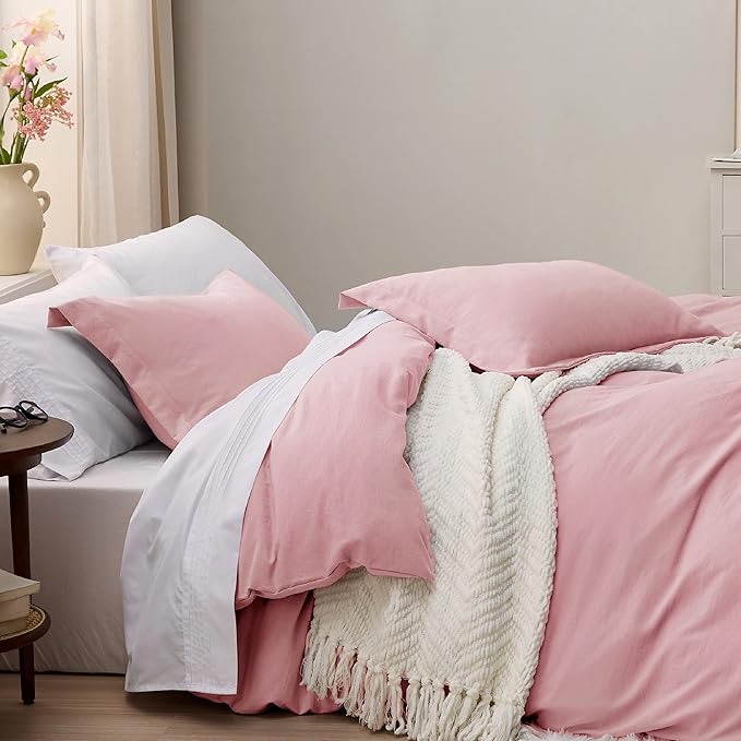 Bedsure Pink Duvet Cover Full Size - 3 Pieces Prewashed Extra Soft Cotton-Like Bedding Set, Includes 1 Duvet Cover 80x90 Inches with Zipper Closure & 2 Pillow Shams, Comforter Not Included