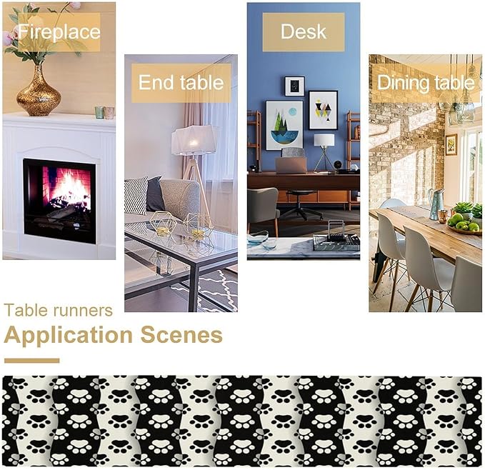 Dog Paw Table Runner,Kid Cute Animal Footprint Black White Theme Design Print Tablecloth Burlap for Hotel Indoors Outdoor Dining Room Kitchen Home Decor,W13X L108 in