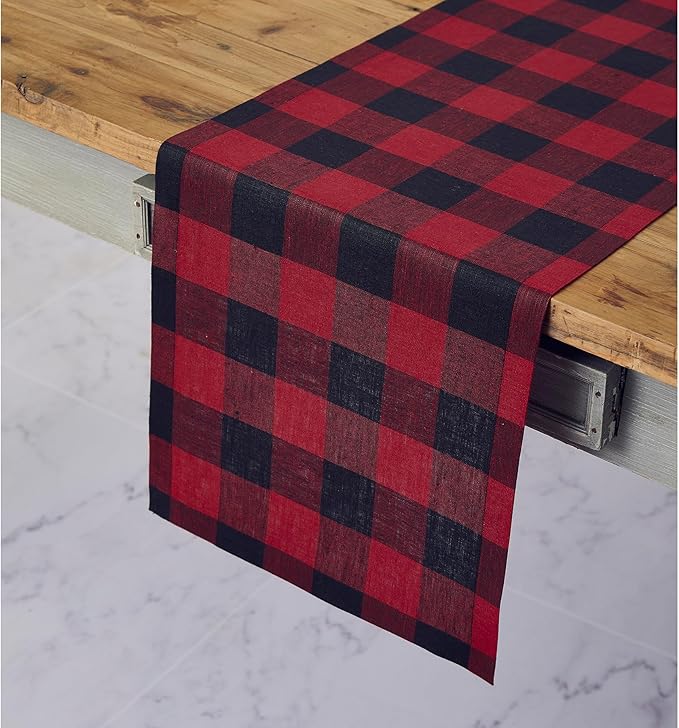 Solino Home Linen Checkered Table Runner 144 Inches Long - 100% Pure Linen Buffalo Check Red and Black Table Runner 14 x 144 Inch Ideal for Dining, Winter