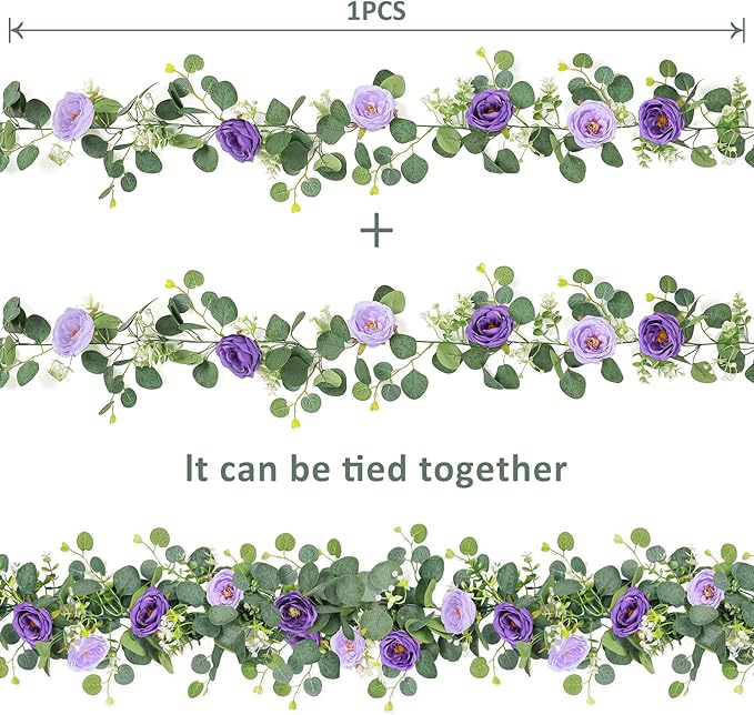 TOCHGREEN 2 Pack 13Ft Artificial Eucalyptus Flower Garland with Purple Roses, Fake Rose Flower Greenery Garland Floral Vines for Wedding Home Party Table Runner Decor (Purple, 2PCS)