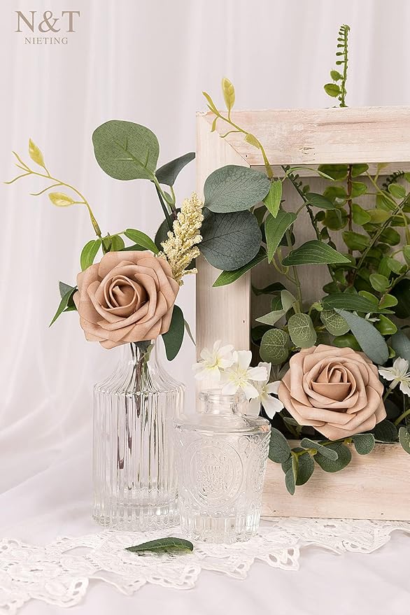 N&T NIETING Artificial Flowers, 50pcs Foam Roses Fake Brown Flowers for DIY Wedding Bouquet Party Baby Shower Decoration Home Display,Dusty Brown