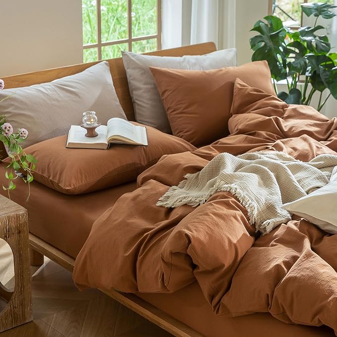 MooMee Bedding Duvet Cover Set 100% Washed Cotton Linen Like Textured Breathable Durable Soft Comfy (Solid Dark Orange, Twin 68"x90")