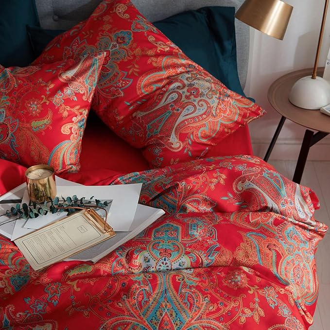 Vintage Red Floral Duvet Cover King Percale Long Staple Cotton Comforter Cover Floral Paisley Farmhouse Boho Flower Jacquard Bedding Set King Luxury Floral Red Duvet Cover with Zipper Ties
