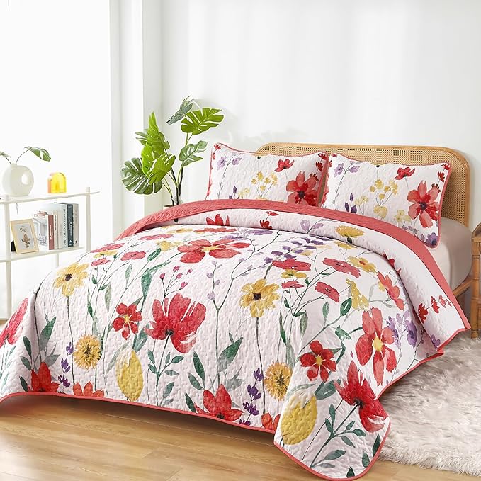 Anibedding Floral Quilt Set King Size, Red Bedspread 3 Pieces Botanical Flower Bedding Set Soft Microfiber Coverlet Set for All Season (King, 104"x90")