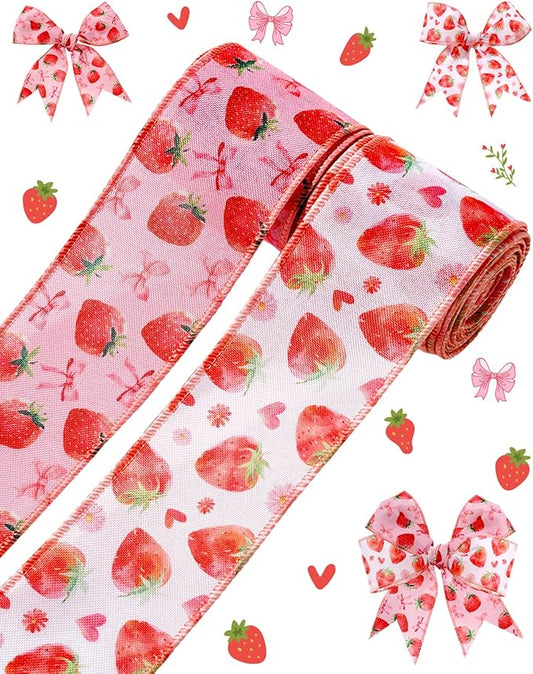 2 Roll 10 Yards Strawberry Wired Edge Ribbon 2.5 Inch Strawberry Bow Heart Daisy Fabric Ribbon Strawberry Gift Wrapping Ribbon for Crafts, Hair Bows, Wreath, Summer Party, Holiday Decor