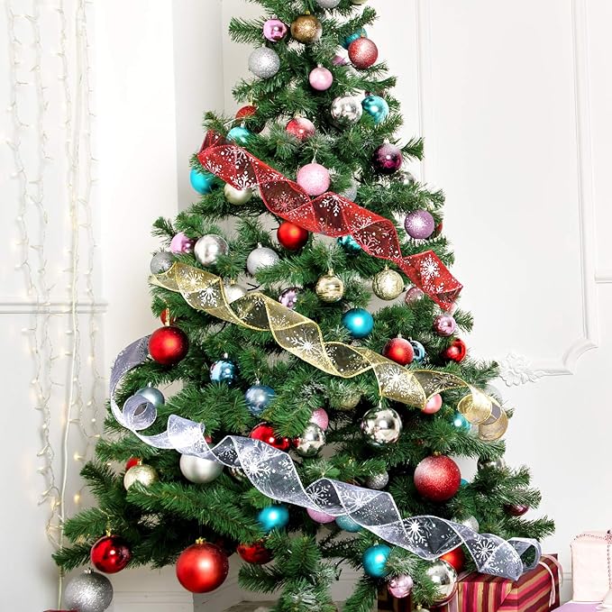 2.5 Inch Wide Christmas Wired Ribbon Snowflake Organza Sheer Glitter Ribbon for Xmas Tree, Wreath, Party Decoration, Gift Wrapping (Silver, 65.7 Foot (Pack of 1))