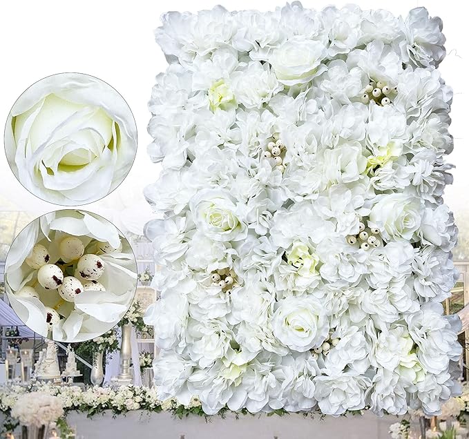 12pcs 24" x 16" Artificial Flower Wall Panel Background,3D White Plastic Hydrangea Rose Flowers Wall Backdrop for Wedding Party Event Photo Backdrop Wall Decor (White)
