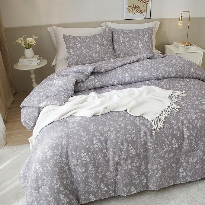 EAVD Vintage Style Grey Floral Duvet Cover Twin Soft Cotton Chic Shabby Garden Floral Bedding Set with 2 Pillowcases Reversible Fresh Botanical Floral Comforter Cover with Zipper Closure
