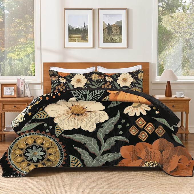 Andency Floral Boho California King Quilt Bedding Set Dark, 3 Pieces Farmhouse Flower Botanical Summer Bedspreads with 2 Shams, Soft Reversible Lightweight Microfiber Coverlet Set, 104"x112"