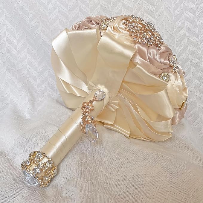 Handmade Satin Rose Floral Bling Pearl Decor Bridal Wedding Bouquet Rhinestone Pendant Artificial Brooch Flowers for Bride Bridesmaid Quinceanera