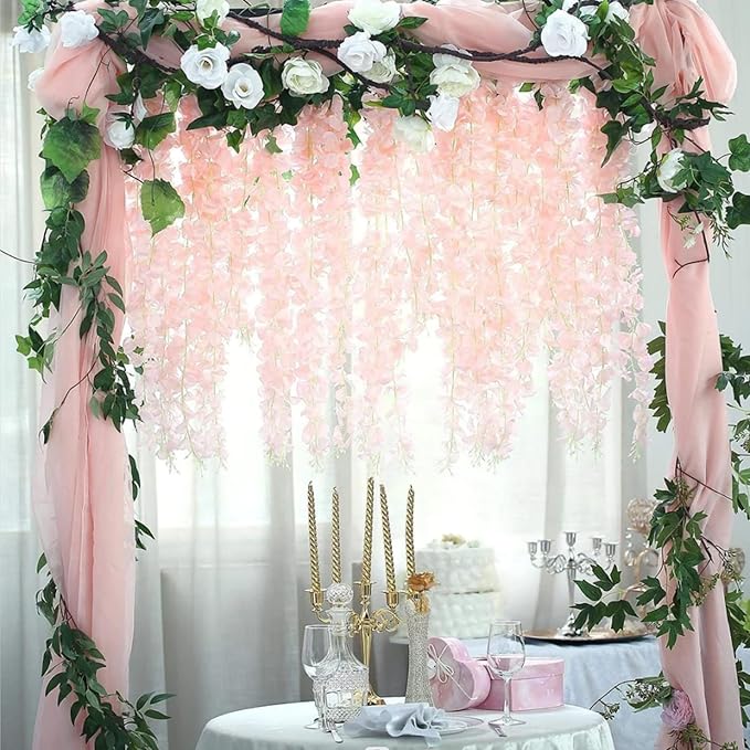 12 Pack Light Pink Wisteria Hanging Flowers Garland, 3.77 Feet Artificial Flower Vines, Fake Wisteria, Artificial Vines Hanging Garland for Backdrop Outdoor Yard Garden Decor