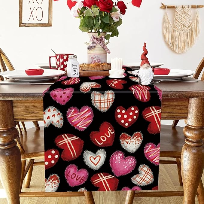 Valentines Day Decorations Table Runner Love Hearts Black Kitchen Dining Table Decor Holiday Anniversary Indoor Outdoor Party Suppies 60×13 Inch