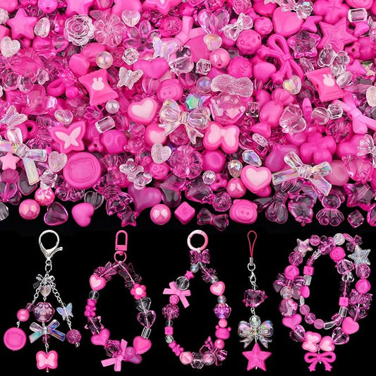 Assorted Acrylic Beads, 200-260PCS Rose Pink Cute Beads for Bracelet Making, GummyBear Bow Flower Kawaii Charms for Jewelry Making DIY Necklace Keychain Phone Charm Christmas Gift