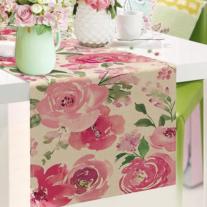 Seliem Spring Summer Watercolor Flower Table Runner, Pink Peony Floral Kitchen Dining Table Decor, Seasonal Burlap Home Decoration Indoor Outdoor Party Supply 13 x 108 Inches