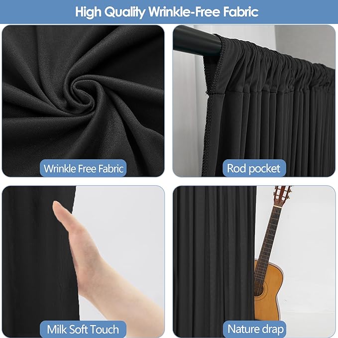 10x10ft Wrinkle Free Black Backdrop Curtain for Parties Soft Fabric Drapes Wedding Black Curtain Backdrop for Birthday Party Decorations Background for Photography 5x10ft, 2 Panels