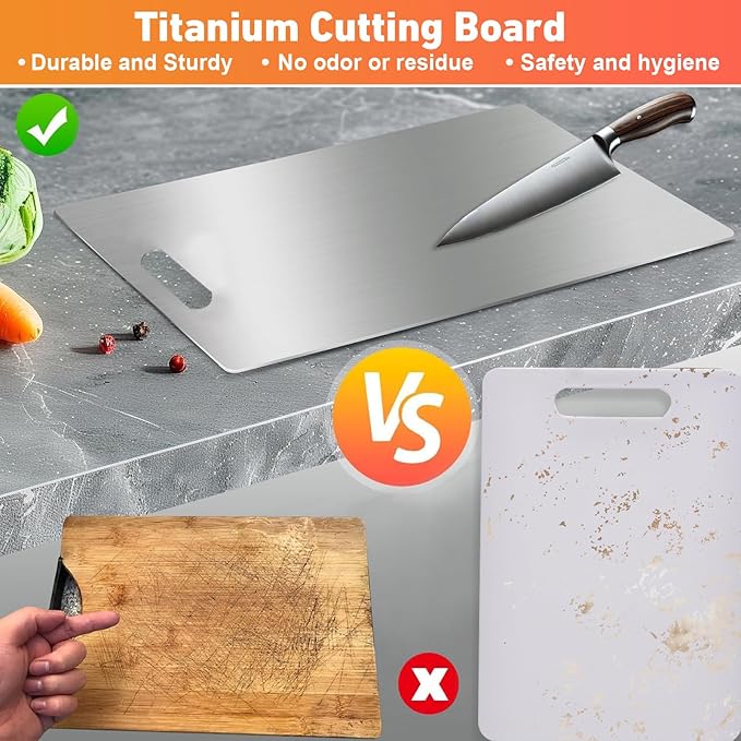 Tavano Titanium Cutting Board,100% Pure Titanium Cutting Boards for Kitchen,Food-Grade Double Side Available Non Toxic Chopping Board,Dishwasher Safe Hygiene Durable Boards(1PC-L)