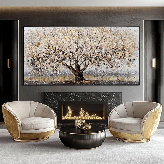 Gold Foil Canvas Wall Art Flower Wall Decor Plant Photo Prints Landscape Wall Decorations 29"x58" Large Artwork for Living Room Office