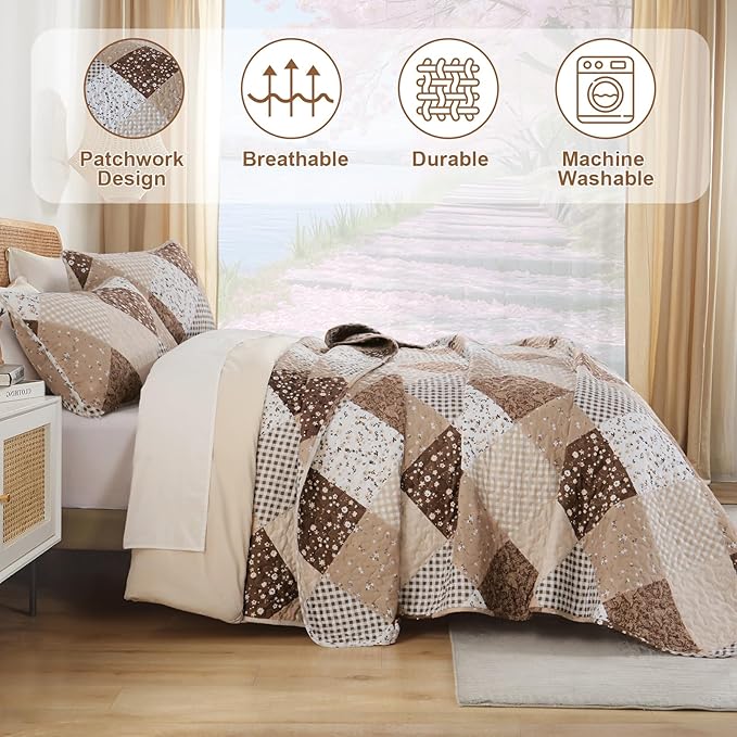 Dinjoy Brown Quilt Set Queen Size, Reversible Floral Plaid Patchwork Pattern Bedding Set Soft Microfiber Lightweight Bedspread Coverlet 3 Piece Spring Summer Use (90x96 inches)