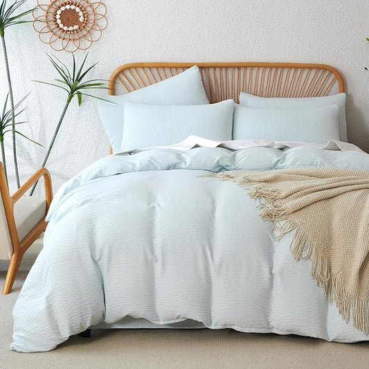 Duvet Cover Set Queen Glacier Blue, 3 Pieces Double-Layer Crinkle Gauze Soft Bedding for All-Season Lightweight Breathable with 2 Pillowcases