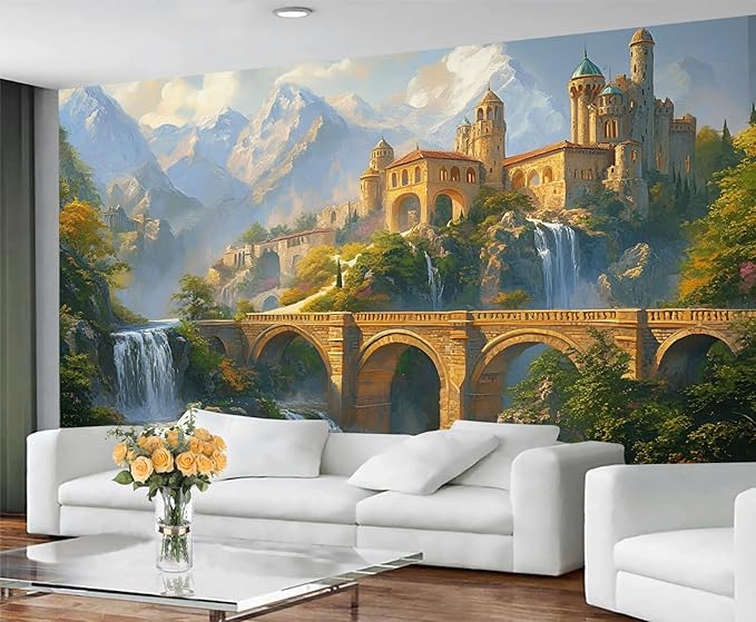 Fantasy Castle Wall Mural, Magical Waterfall Landscape 3D Wall Murals, Royal Palace Wallpaper Mural, for Living Room Bedroom Large Wallpaper Indoor Decor 177.16" W x120 H