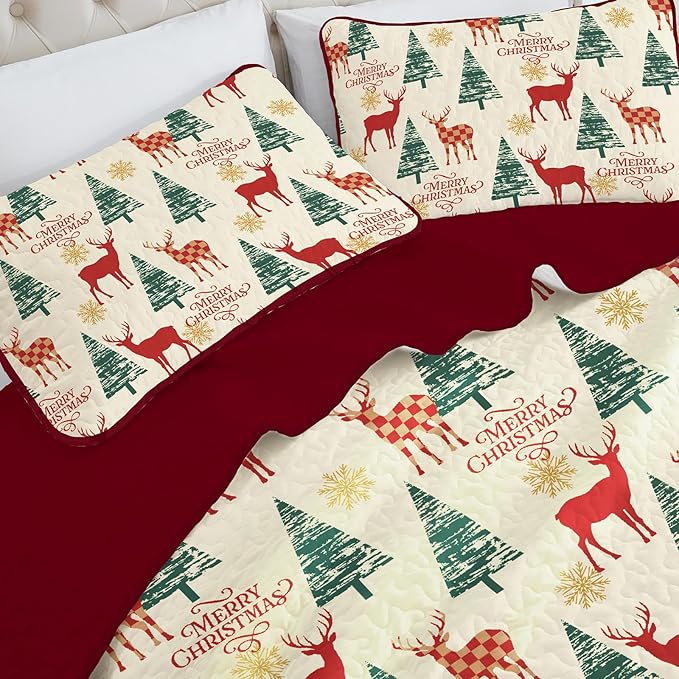 Dinjoy Red Beige Quilt Set King Size,Christmas Quilt Bedding Set Soft Bedspreads with 2 Pillowshams Lightweight Snowflake Xmas Gifts Wildlife Bed Coverlet for Kids Teens Adults 90" x 104"