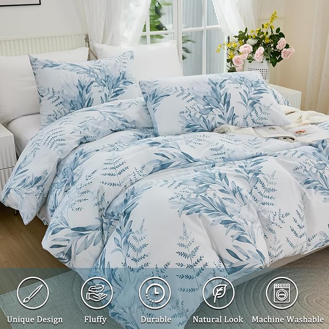 100% Cotton Duvet Cover Queen Size 3 Pieces, Blue Leaf Duvet Cover with Zipper Closure, Soft Floral Bedding Set White and Blue for All Season, Breathable, Ultra Soft