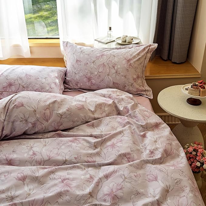 AOJIM Pink Kids Adults Duvet Cover Set with Gardenia Patterns, Soft Comfy 100% Cotton Comforter Cover Set 3pcs, 1 AB Sided Quilt Cover Full Size and 2 Matching Pillowcases for Room Decor, No Quilt