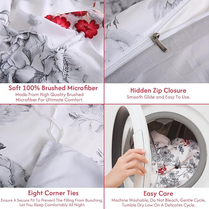 LONAVA Queen Flower 3 Pcs Duvet Cover Set, Breathable Soft Microfiber White Lining Comforter Cover with Zipper Closure, and 2 Anti-Pilling, Fade Resistant Pillowcases, Gothic Rose