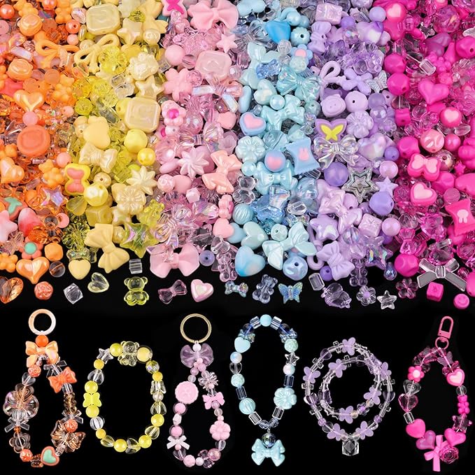 Assorted Acrylic Beads, 400-450PCS 6 Mixed Series Cute Beads for Bracelet Making, GummyBear Bow Flower Kawaii Charms for Jewelry Making DIY Necklace Keychain Phone Charm Christmas Gift