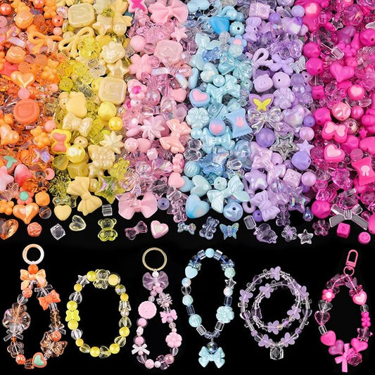 Assorted Acrylic Beads, 400-450PCS 6 Mixed Series Cute Beads for Bracelet Making, GummyBear Bow Flower Kawaii Charms for Jewelry Making DIY Necklace Keychain Phone Charm Christmas Gift