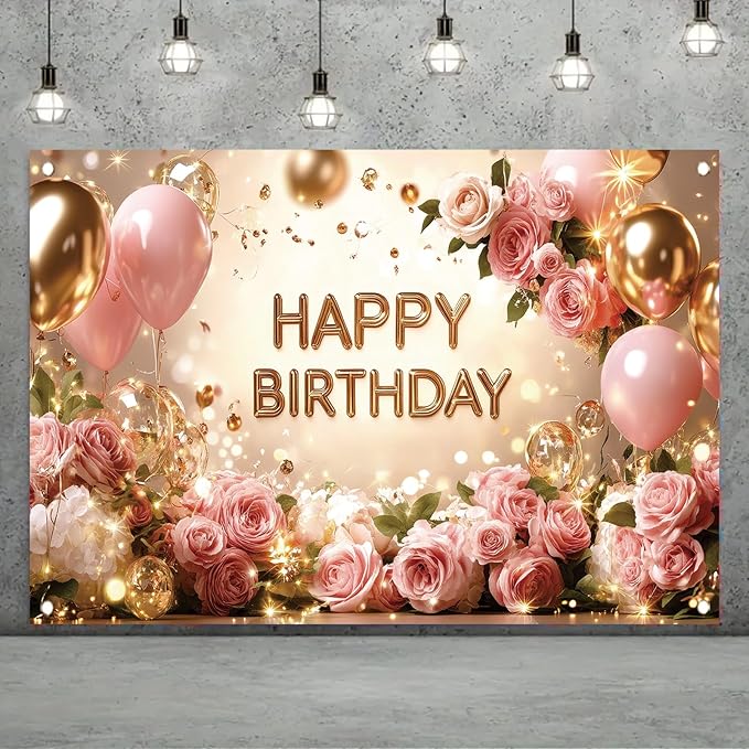 Rose Gold Birthday Backdrop Banner Pink Balloon Floral Rose Photography Background for Girls Women Gold Birthday Party Wedding Baby Shower Decor Photo Booth Supplie 71 x 43 Inch