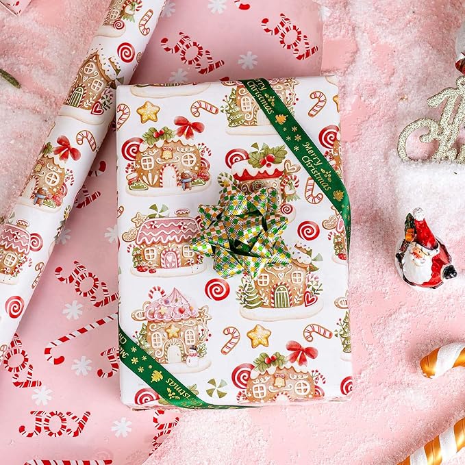 MAYPLUSS Christmas Wrapping Paper Roll - 17 Inch X 33 Feet - Cute Pink Gingerbread House Reversible Candy Cane Gift Wrapping Paper, Thick Gift Wrap Paper for Holiday Party New Year Kids