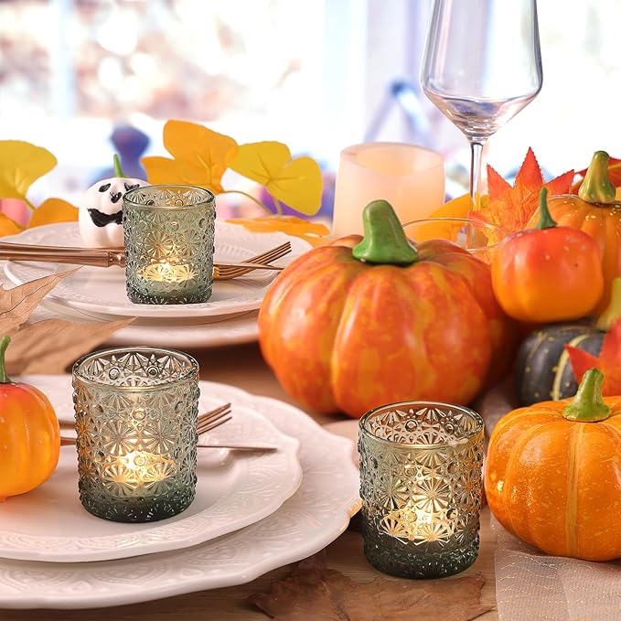 Green Votive Candle Holder Set of 12, Flower Tea Lights Candles Holders for Wedding Table Decor, Birthday Parties, Vintage Home Decor, Bridal Shower and Holiday Decorations