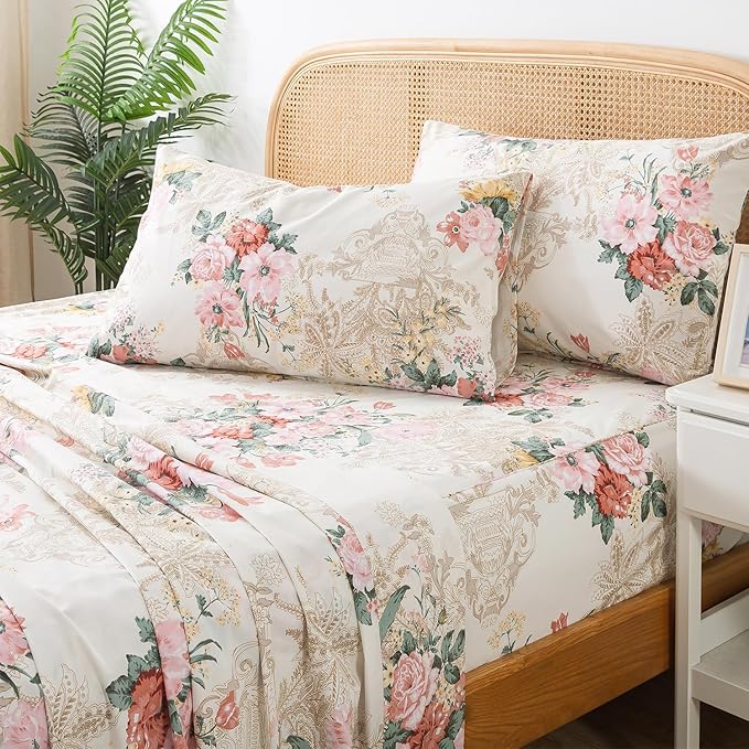 Zusbest- Queen Sheets, Soft 100% Cotton Pink & Cream Floral Bed Sheets,Shabby Vintage Chic Peony Flower Printed Sheets, Breathable Luxury Bedding 4 Piece Deep Pocket Sheets