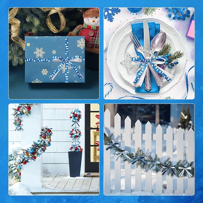 6 Rolls Winter Blue Snowflake SnowmanChristmas Ribbon for Crafts Xmas Crafts Wreath DIY Making Supplies for Gift Wrapping Bow Decoration
