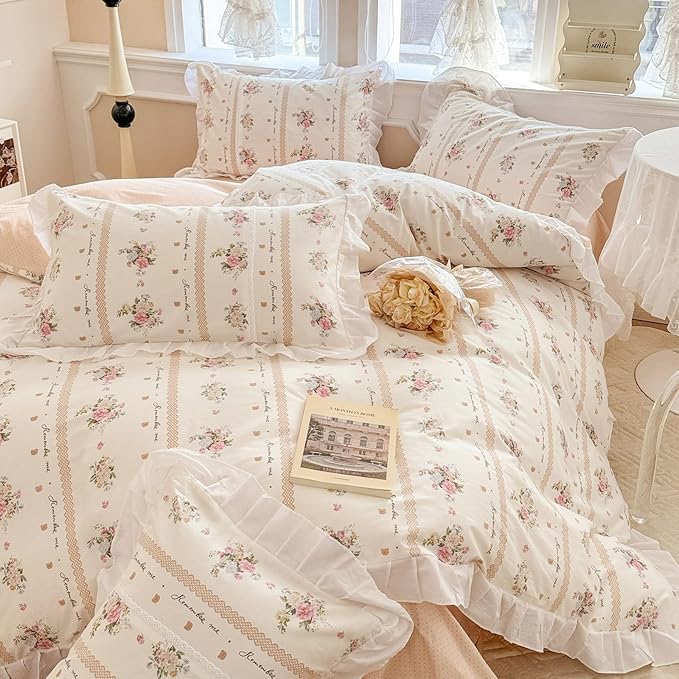 VM VOUGEMARKET Pink Flower Comforter Set Twin White Ruffle Down Comforter with 2 Pillow Shams Cute Romantic Girls Lace Comforter Set Reversible Lightweight(3pcs,Twin XL)