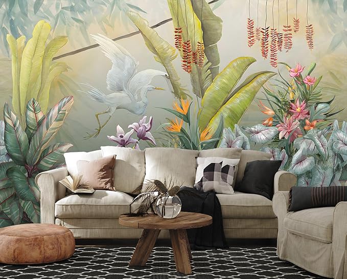 Hand-Painted Colorful Leaves Wall Mural, White Cranes Playful Leaves Wallpaper, Wall Decorations（Non-self-Adhesive）