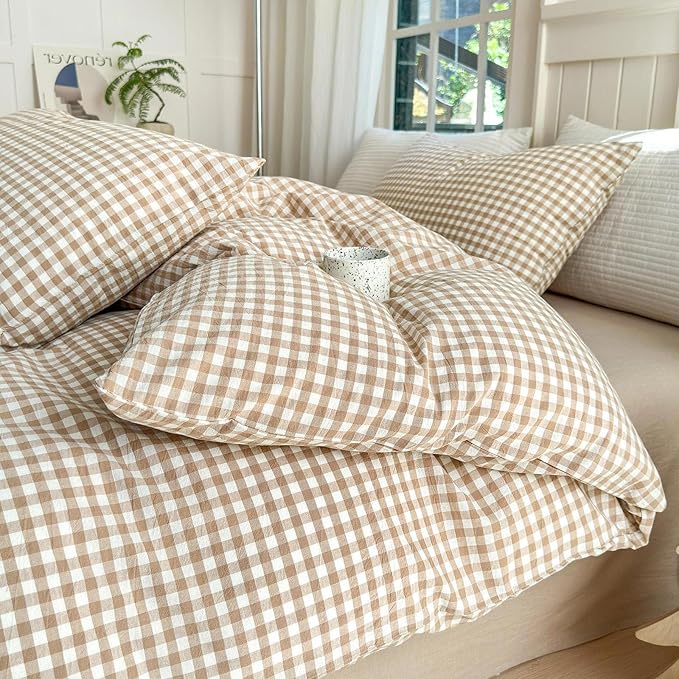 LifeTB Tan Gingham Comforter Set King Modern Style Beige Plaid Comforter Set 3 Pieces Soft Fluffy Grid Checkered Pattern Comforter with 2 Pillowcases Farmhouse Gingham Plaid Bedding Set King