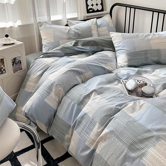 Farmhouse Twin XL Geometric Patchwork Comforter Set with Fluffy Plaid Striped Comforter and 2 Pillowcases for All Season Bedding