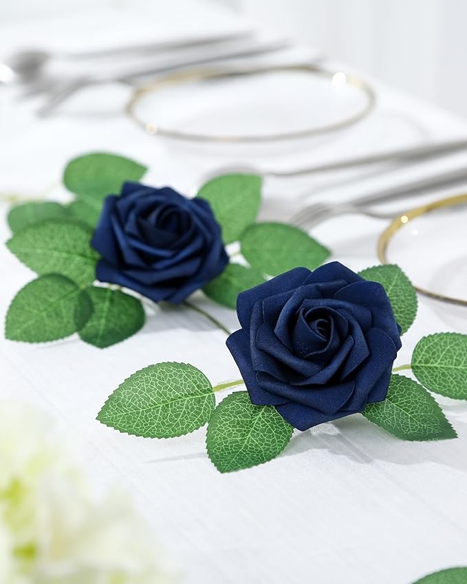 DuHouse 50Pcs Artificial Roses Flowers Fake Roses with Stems Real Touch Foam Flowers for DIY Wedding Bouquet Baby Shower Centerpiece Floral Arrangement Party Home Decor(Navy Blue)