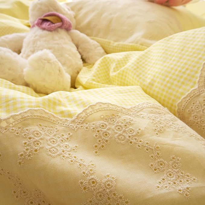 LifeTB Yellow Gingham Duvet Cover Twin XL 3 Pieces Romantic Lace Comforter Cover Super Soft Cream Yellow Grid Duvet Cover Farmhouse Plaid Checkered Comforter Cover Grid Gingham Bedding Set