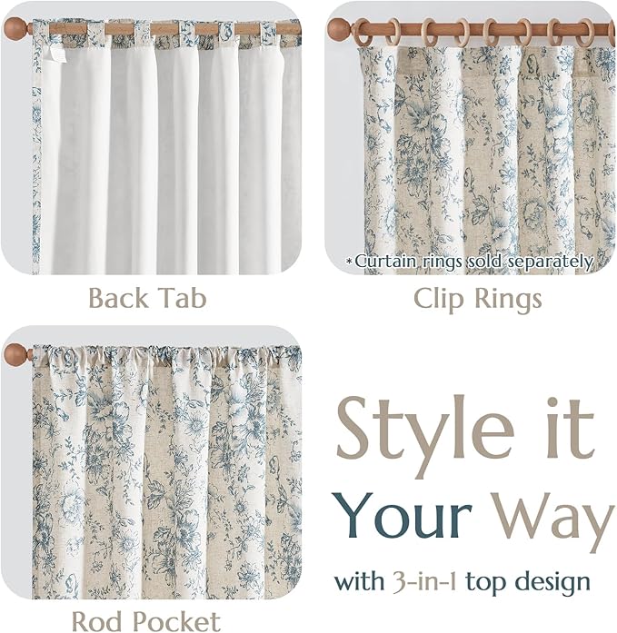 jinchan Lined Linen Blend Curtain Floral Curtains for Living Room 108 Inches Long Blue Peony Flower Printed Curtain Rod Pocket Back Tab Farmhouse Patterned Drapes Bedroom Window Curtains Set 2 Panels