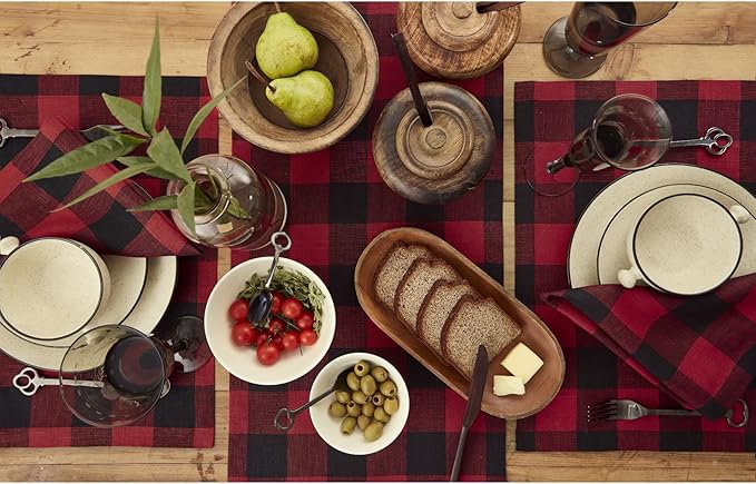 Solino Home Linen Checkered Table Runner 48 Inches - 100% Pure Linen Buffalo Check Red and Black Table Runner 14 x 48 Inch Ideal for Dresser and Coffee Tables - Winter